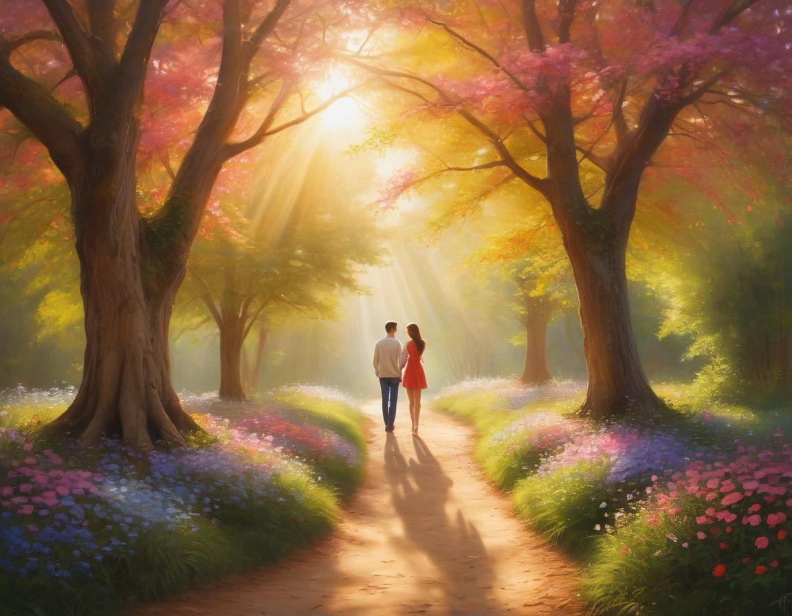 A romantic scene depicting a couple in various stages of their relationship, from shy glances to passionate embraces, intertwined with elements symbolizing growth like blooming flowers and winding paths. The background features soft, warm tones that evoke love and intimacy, with rays of sunlight filtering through trees. Captured in a dreamy, ethereal style, it embodies the journey from courtship to deep compatibility. painting. vibrant colors.