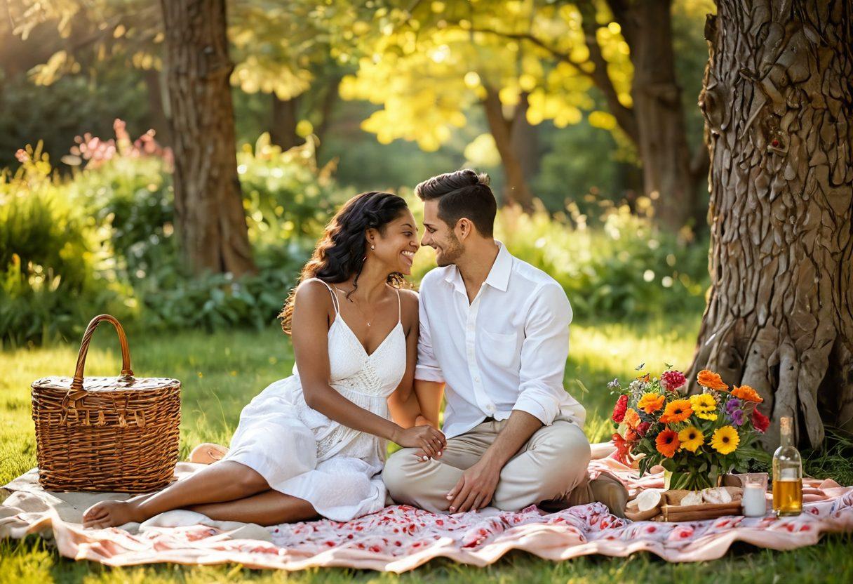 A serene and intimate setting featuring a couple sharing a joyful moment in nature, surrounded by vibrant flowers and soft golden sunlight filtering through the trees. The couple is engaged in a playful conversation, with happy expressions and natural body language that conveys connection and warmth. Include elements like a cozy picnic blanket and a few personal items symbolizing their relationship. soft-focus background. super-realistic. vibrant colors.