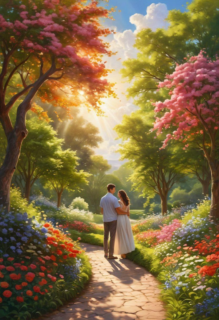 A couple embracing in a serene park, surrounded by blooming flowers, with soft sunlight filtering through the leaves. In the background, a winding path symbolizing the journey of love, along with heart-shaped clouds in the sky. The couple is depicted in a joyful and intimate moment, radiating passion and connection. vibrant colors. super-realistic.